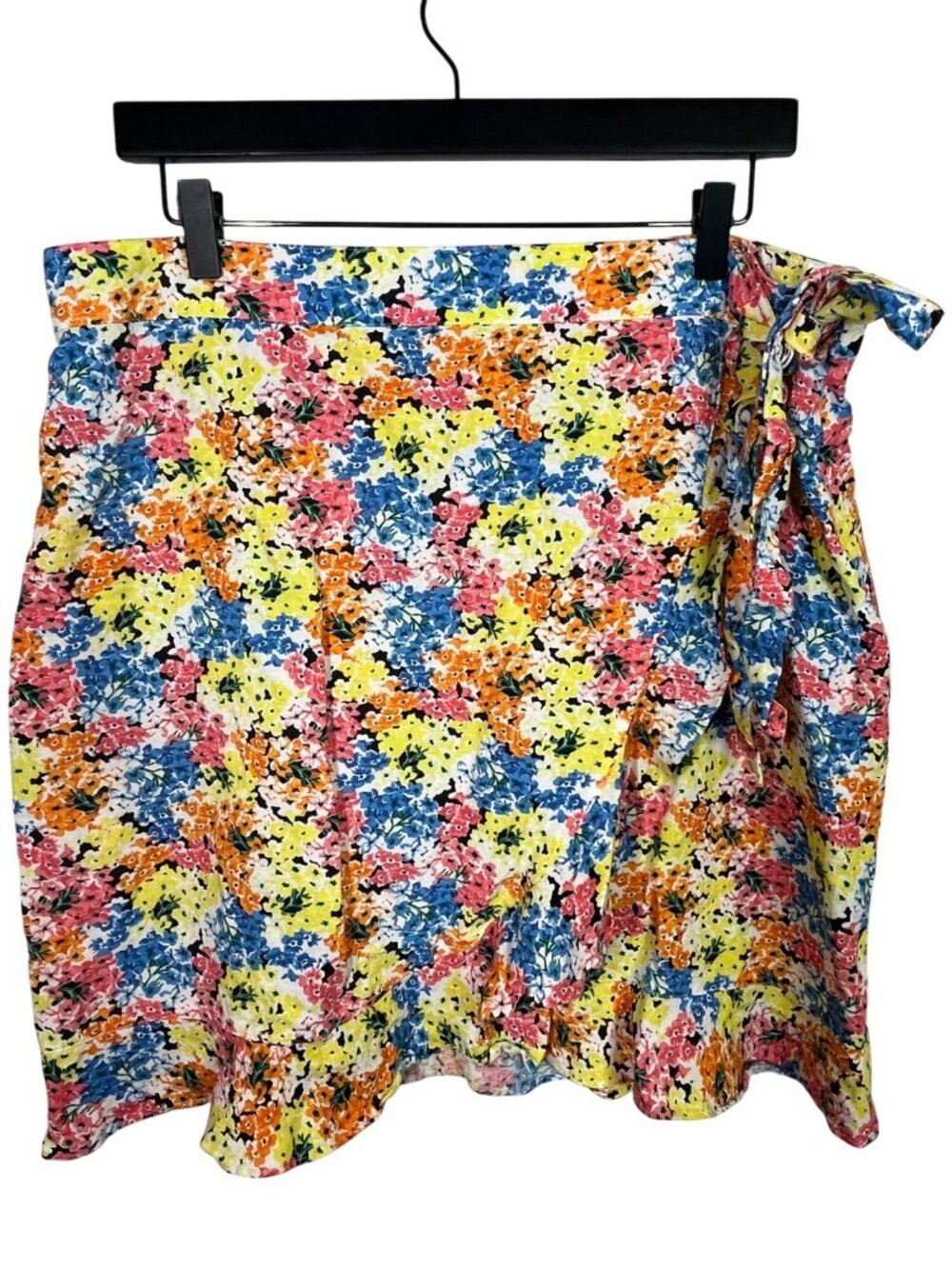 LOFT Floral Skirt Size 16 Linen Blend Faux Wrap Ruffle Hem